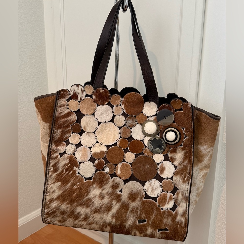 Maliparmi Brown and White Cowhide Circle-Accent Tote